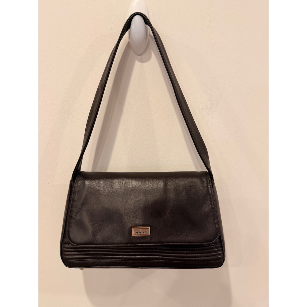 Vintage Perlina Black Leather Shoulder Bag Flap Purse Y2K Minimalist Handbag
